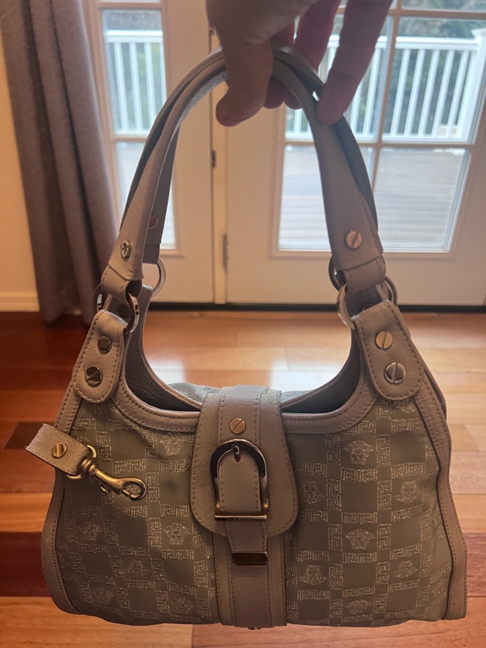 Versace Gray Logo Shoulder Bag with Buckle Detail